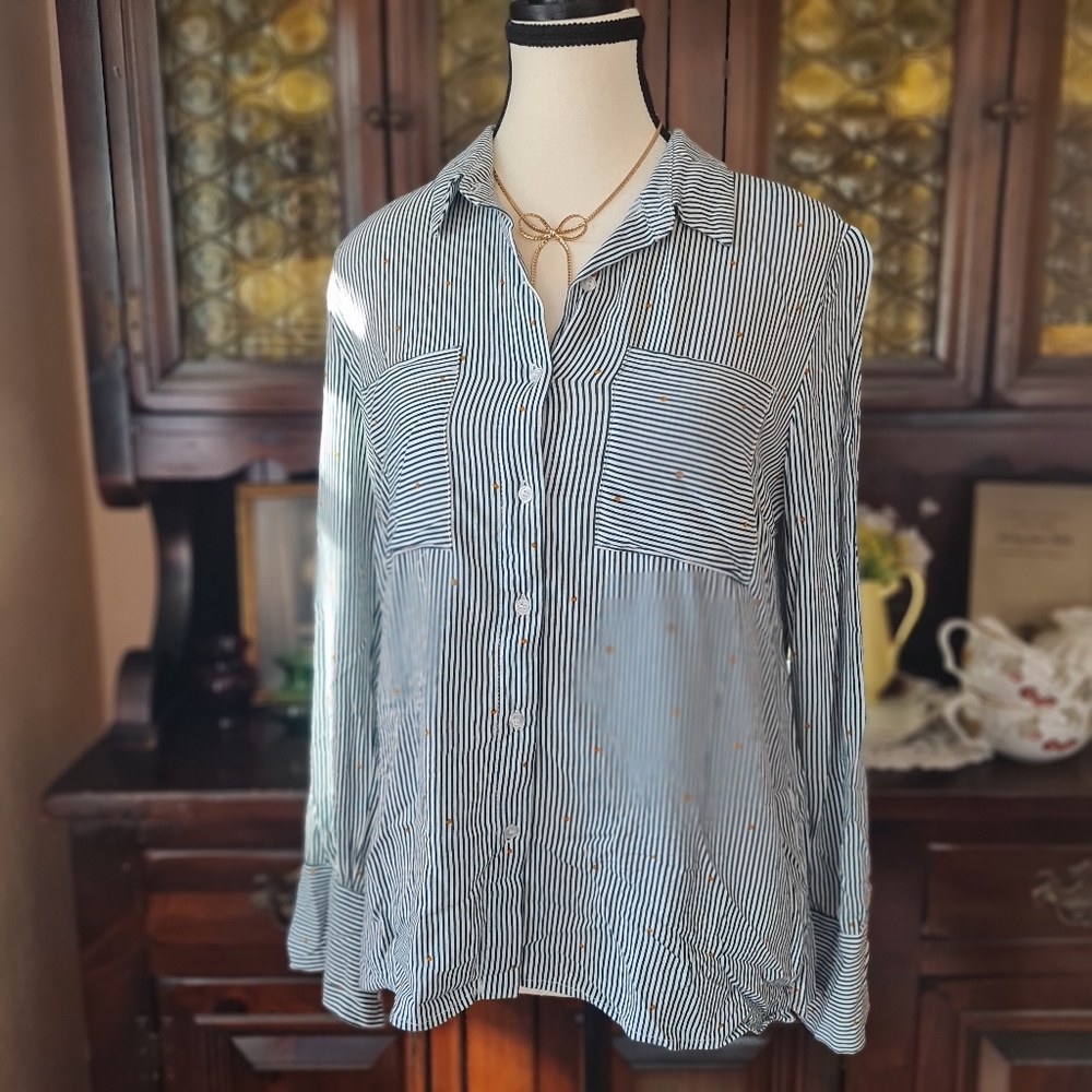 Green Striped Lumiere Collared Rayon Shirt size Small